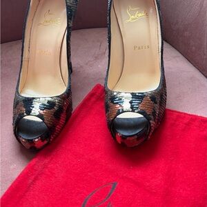 Christian Louboutin Sequin Peep-Toe Pumps in Black, Brown & Red